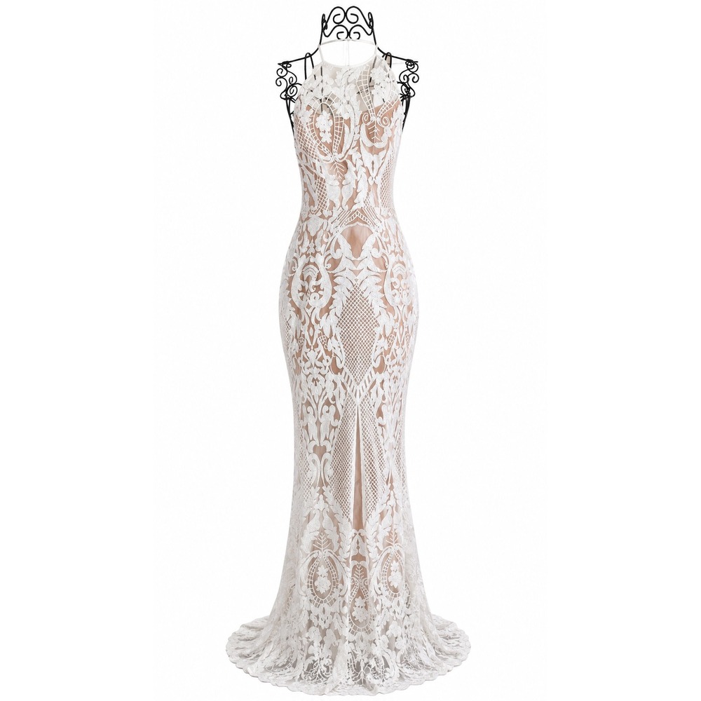 White Sequin Lace Mermaid Gown Open Back Halter Formal Bridal Dress XL
